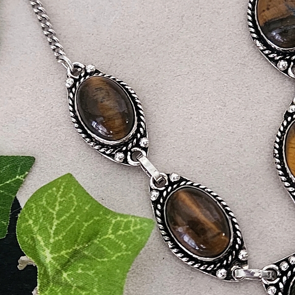 925 Silver Plated 20" Chain Necklace Matching Earrings with Tiger Eye Stones - Picture 4 of 9